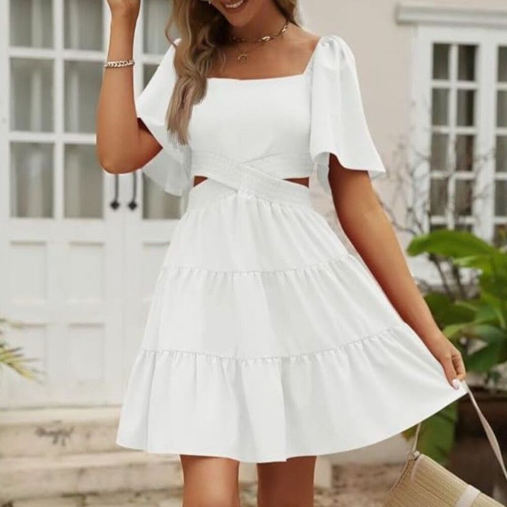Lillusory White Cutout Ruffled Mini Dress S Resortwear Euro Summer Beach Boho